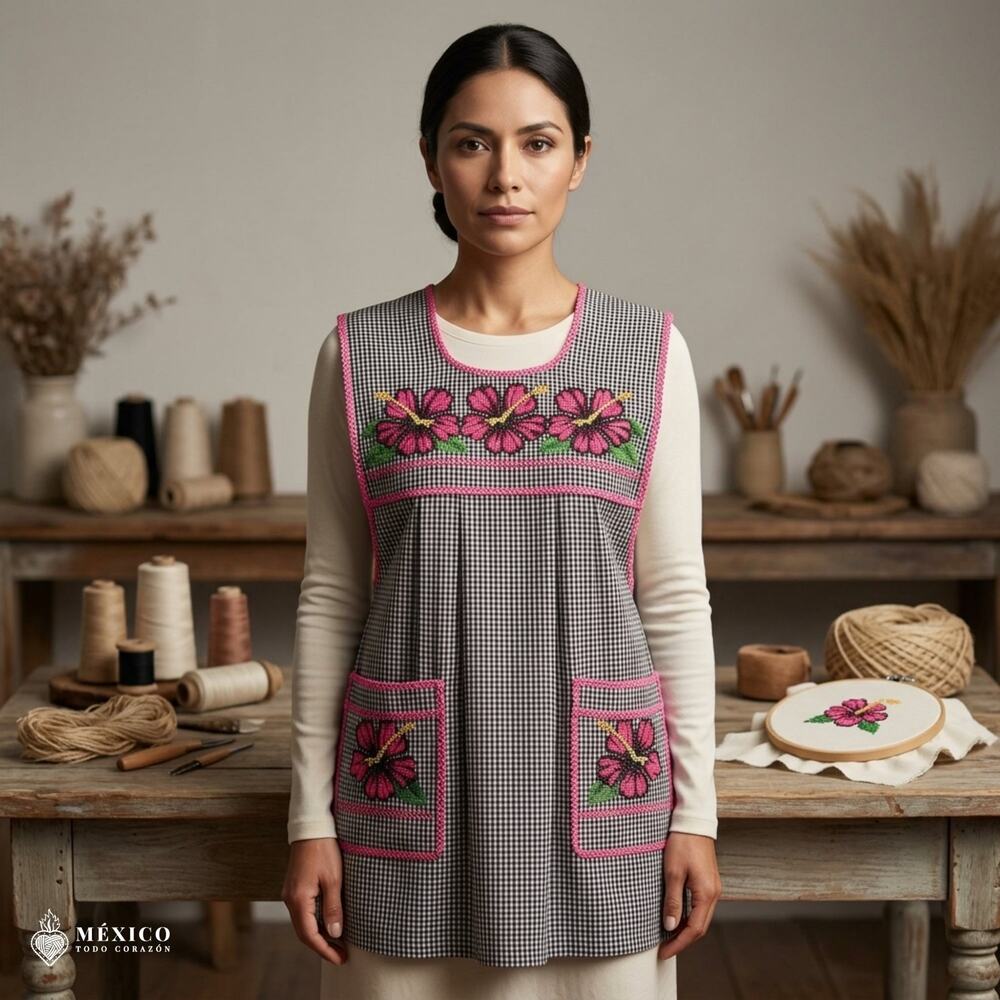 Traditional Mexican Cross-Stitch Embroidered Apron – Deluxe Artisan Smock Style